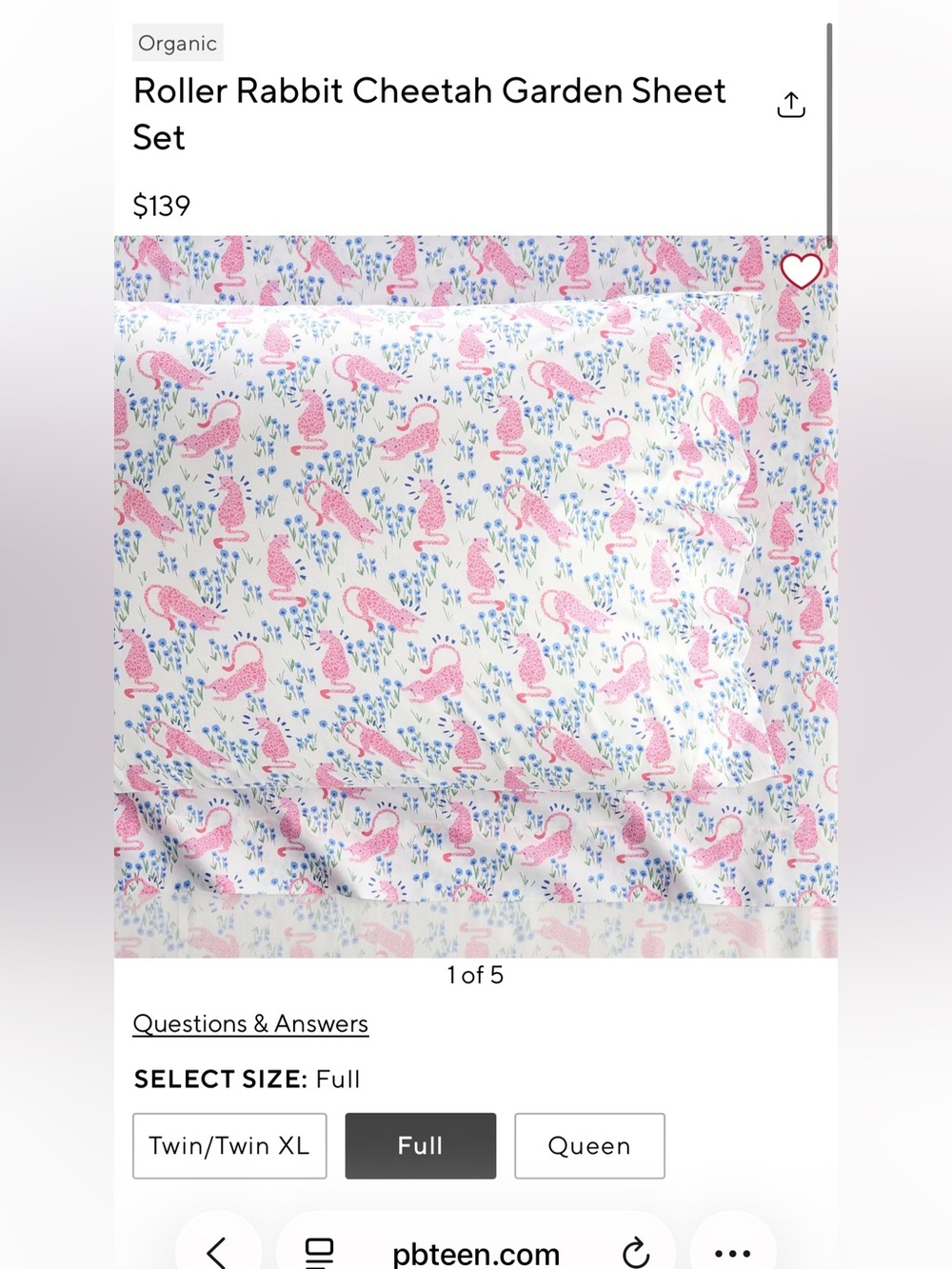Roller Rabbit Pink Cheetah Garden Sheet Set with Blue & Green Accents